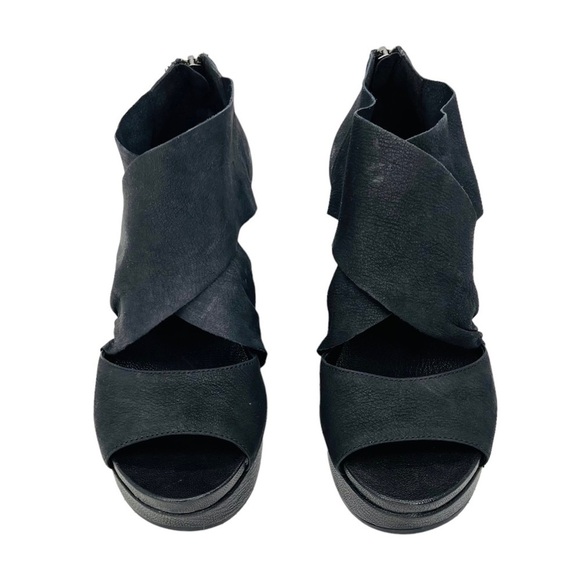 Eileen Fisher Draw Draped Black Nubuck Leather Wedge Heel Sandal Size 7.5 EUC - Picture 7 of 12